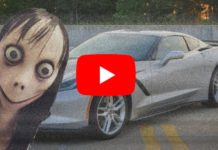 A Youtube play screen with a Chevy Corvette is shown with the Momo face in front. In live auto news, GM wants to use Momo in Corvette videos.