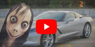 A Youtube play screen with a Chevy Corvette is shown with the Momo face in front. In live auto news, GM wants to use Momo in Corvette videos.