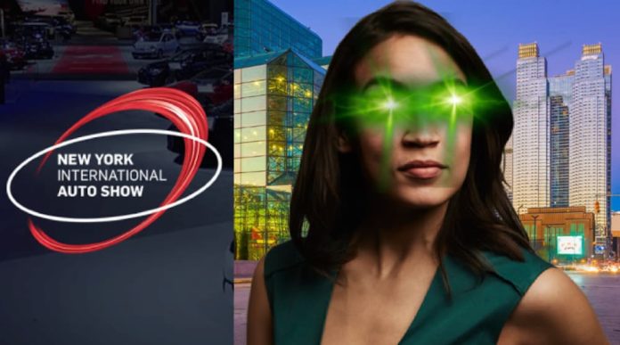 Alexandria Ocasio-Cortez has green glowing eyes and is shown in a side by side with the NYIAS logo.