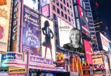 Time Square showing a billboard for Barra the musical on broadway