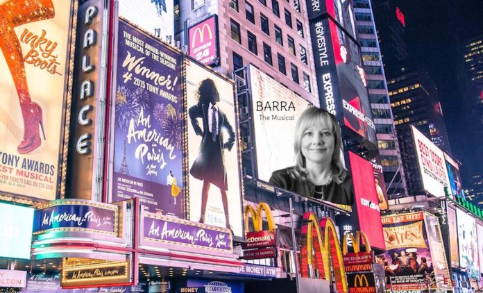 Time Square showing a billboard for Barra the musical on broadway