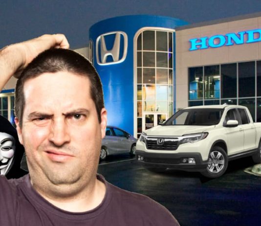 A confused man is scratching his head with a Honda Ridgeline at a Honda dealership behind him. An Anonymous hacker in a Guy Fawkes mask is also behind him.