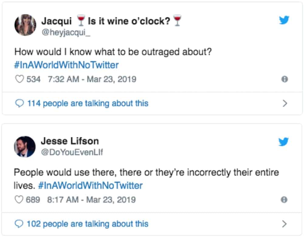 Two Tweets featuring the #InAWorldWithNoTwitter are shown discussing social influence over users.