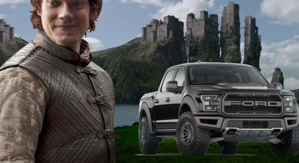 Theon Greyjoy from Game of Thrones is hown in front of a castle next to a Ford Raptor.