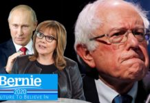 Sanders is shown frowning with Putin putting his hands on Barra's shoulders with a Bernie slogan over laid.