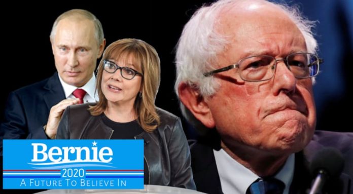 Sanders is shown frowning with Putin putting his hands on Barra's shoulders with a Bernie slogan over laid.
