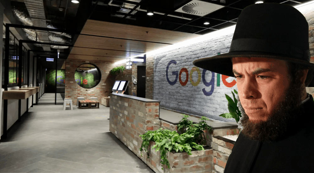 Amish man inside of Google headquarters