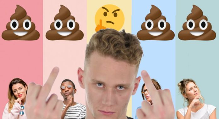 A man with his middle fingers up is shown over poop emojis on pink and blue stripes behind him.