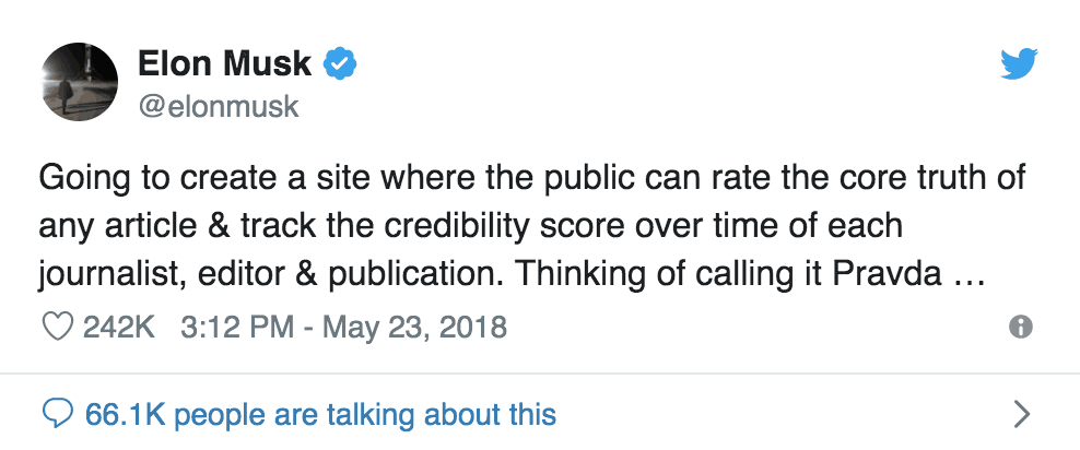 Elon Musk Tweet from May 2018 depicting his intention to battle "Fake News"