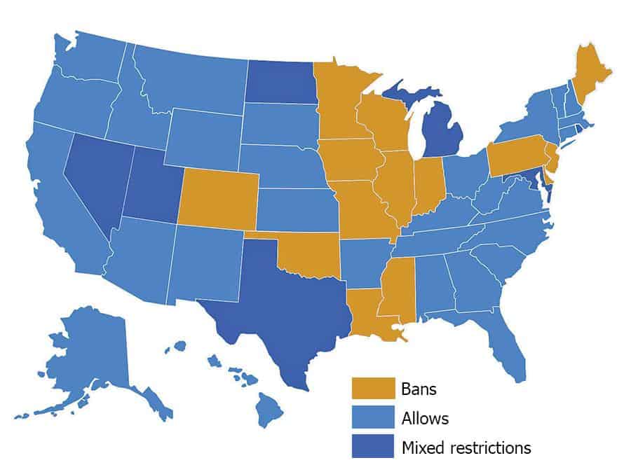 A depiction of ‘Blue Law’ states that prohibit or restrict automotive sales on Sundays.