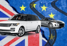 Jaguar & Land Rover Vehicles shown with tire tracks across artist's depiction of BREXIT