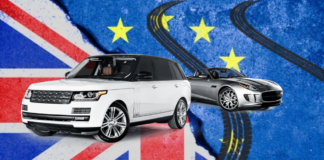 Jaguar & Land Rover Vehicles shown with tire tracks across artist's depiction of BREXIT