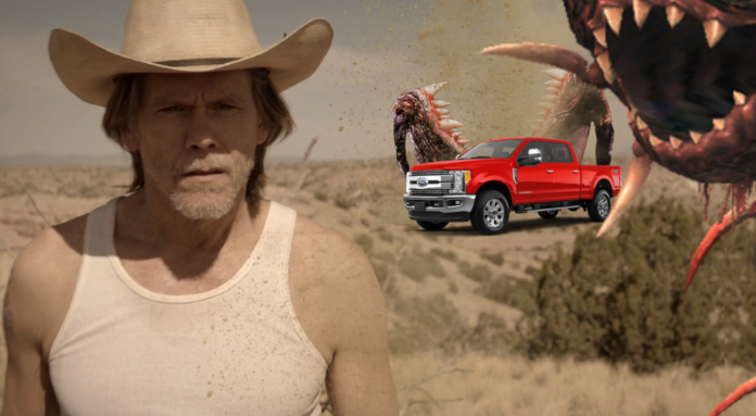 Kevin Bacon as Val McKee in 'Tremors', fans requested spokesperson for the 2020 Ford SuperDuty Tremor Package Spokesperson
