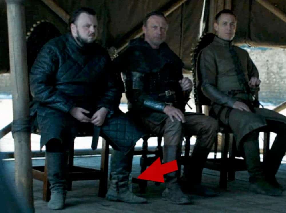 A plastic water bottle, accidentally left in the shot alongside Samwell Tarley (played by John Bradley) in the series finale of 'Game of Thrones' is shown.