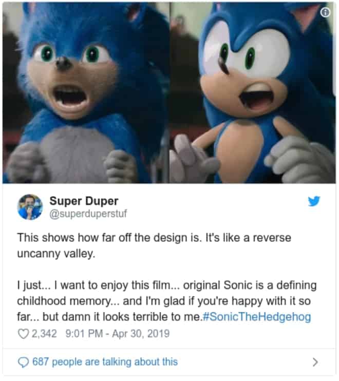 A Tweet calling for a redesign of Sonic the Hedgehog is shown.