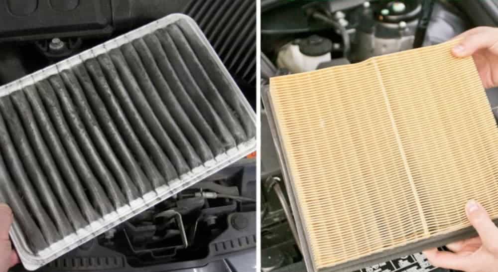 A before and after of two obviously different air filters is shown.