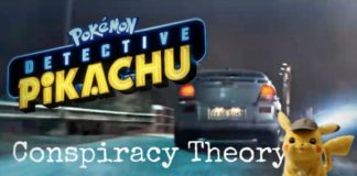 The detective Pikachu is shown with the words 'conspiracy theory' in front of a used car driving away.