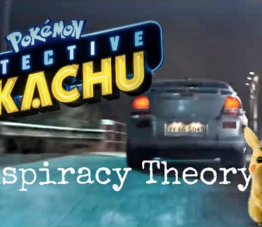 The detective Pikachu is shown with the words 'conspiracy theory' in front of a used car driving away.