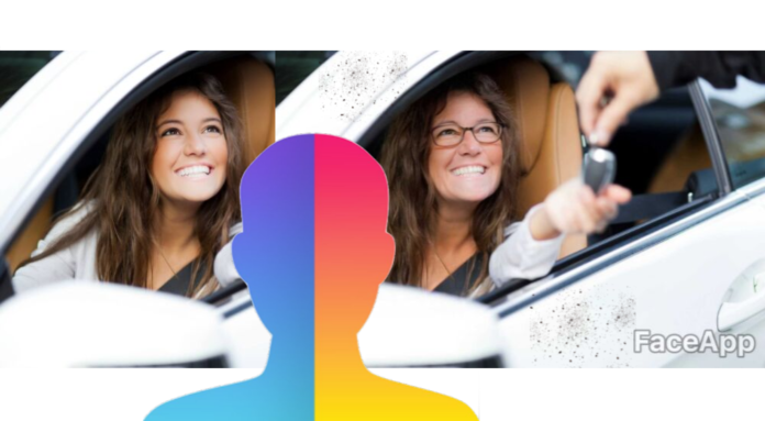 Female CarBuyer shown side-by-side with an aged version of herself (and her car) via FaceApp