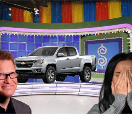 Drew Carey is shown smiling on the left, while a women has her hands over her face on the righ because she won a Chevy Colorado instead of one of the used Ford trucks she wanted.