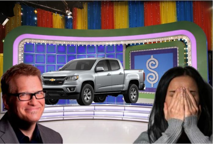 Drew Carey is shown smiling on the left, while a women has her hands over her face on the righ because she won a Chevy Colorado instead of one of the used Ford trucks she wanted.