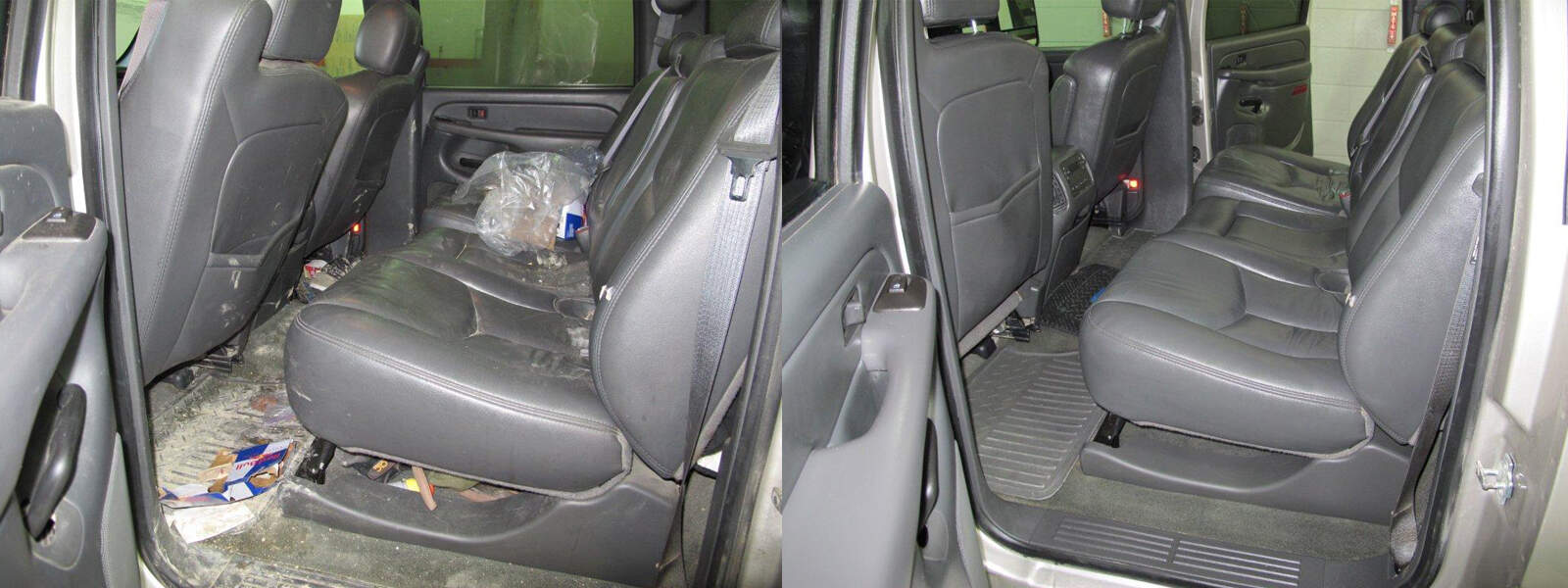 Side-by-side image of the same vehicle interior, both dirty and clean