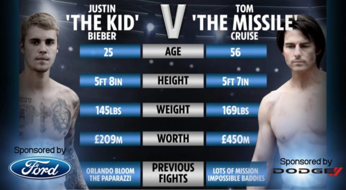 Stats for the Bieber vs Cruise fight are side-by-side with the 2019 Ford Edge vs 2019 Dodge Journey sponsors.
