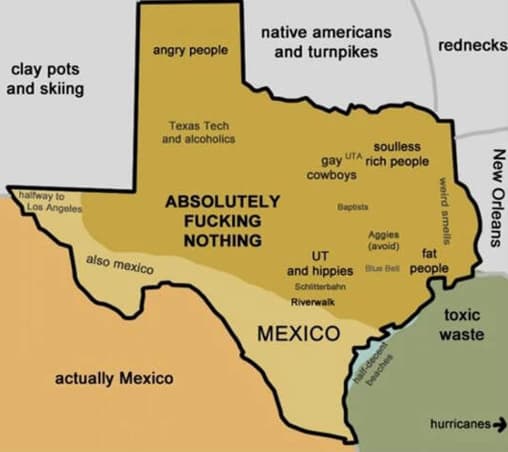A comedic map of Texas is shown.