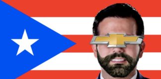 The Chevy symbol is over Rosselló's face in front of the Puerto Rican flag because his old Suburban may be a valuable used car for sale.