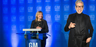 GM's Mary Barra Looks on at the Automaker's New Spokesperson, actor Jeff Goldblum.