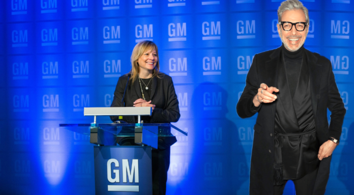 GM's Mary Barra Looks on at the Automaker's New Spokesperson, actor Jeff Goldblum.