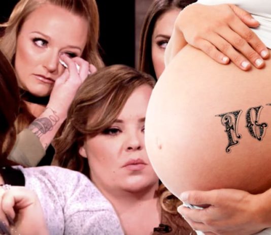 A group of teen moms who enjoy used Ford trucks are behind a pregnant woman with an FGL tattoo on her stomach.