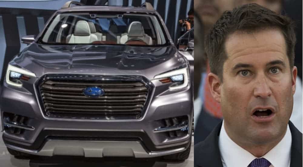 Another split picture of a grey 2020 Subaru Ascent, with Seth Moulton's mouth open.. again.