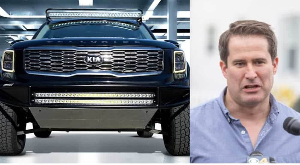 A split picture of a black Kia Telluride on the left while Seth Moulton is on the right with his mouth open.
