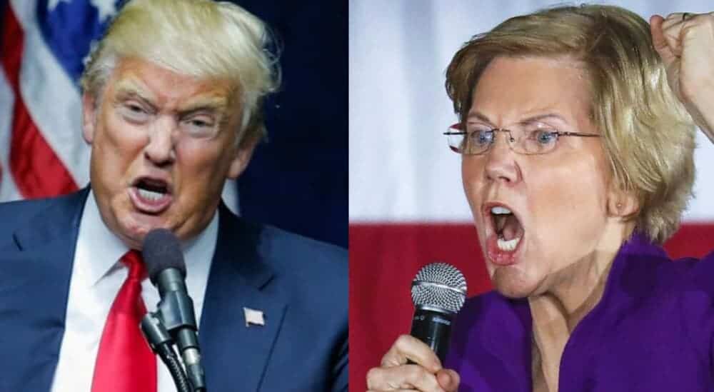 A split picture of President Donald Trump yelling on the left, and Senator Elizabeth Warren yelling on the right.