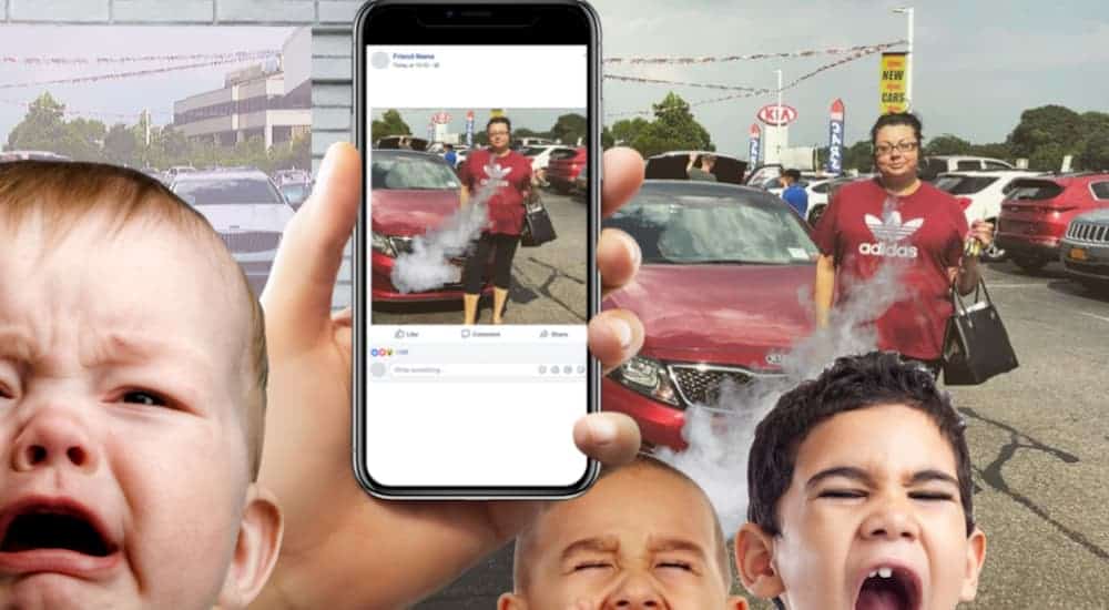 Crying children are shown at a Cincinnati car dealer with a phone photographing the mother vaping.