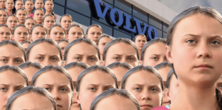Dozens of Greta Thunberg duplicates standing in front of Volvo Headquarters