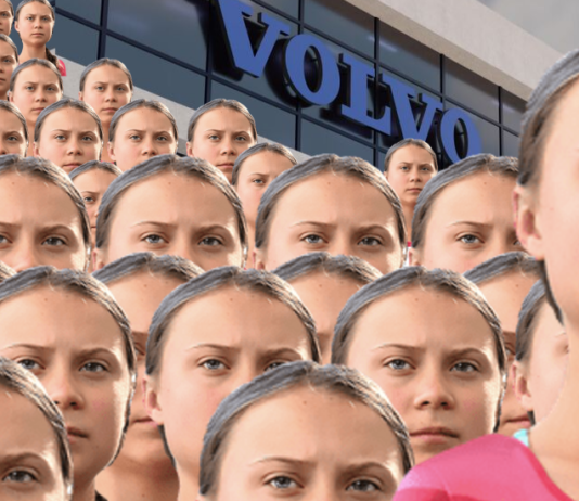 Dozens of Greta Thunberg duplicates standing in front of Volvo Headquarters