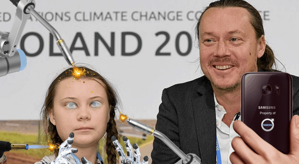Greta Thunberg and her father Svante attend a press conference during the COP24 summit on climate change in Katowice, Poland, last year with torches and mechanical hands over Greta