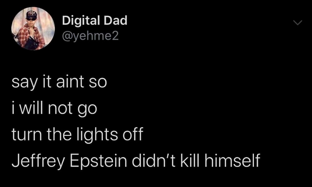 A tweet is shown with the lyrics to All the Small Things changed to involve Jeffrey Epstein.