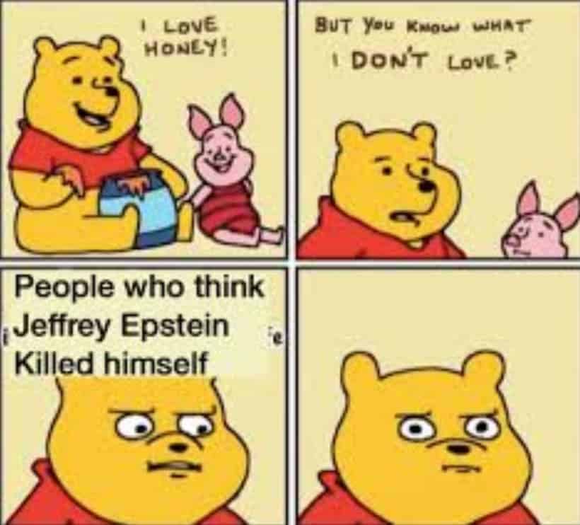 A meme of Winnie the Pooh telling Piglet about Epstein is shown.