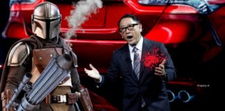 The Mandalorian character is next to the Toyota rep in front of a vehicle in live auto news.