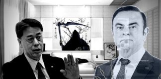 Nissan CEO, Makoto Uchida, is next to the ghost of the former CEO in a bedroom comparing the 2020 Ford F-150 vs 2020 Nissan Titan shown in black and white.