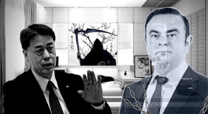 Nissan CEO, Makoto Uchida, is next to the ghost of the former CEO in a bedroom comparing the 2020 Ford F-150 vs 2020 Nissan Titan shown in black and white.