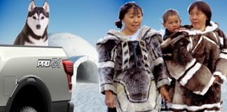 Inuit people are standing next to a Ford Pro4x truck with a husky in the back, debating the 2020 Ford F-150 vs 2020 Nissan Titan.