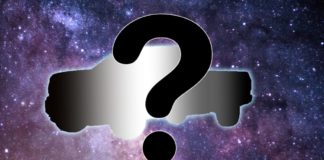 A black question mark is in front of a truck silhouette, which may require a bad credit car loan, with a galaxy background.