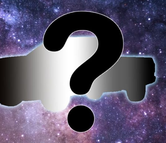 A black question mark is in front of a truck silhouette, which may require a bad credit car loan, with a galaxy background.