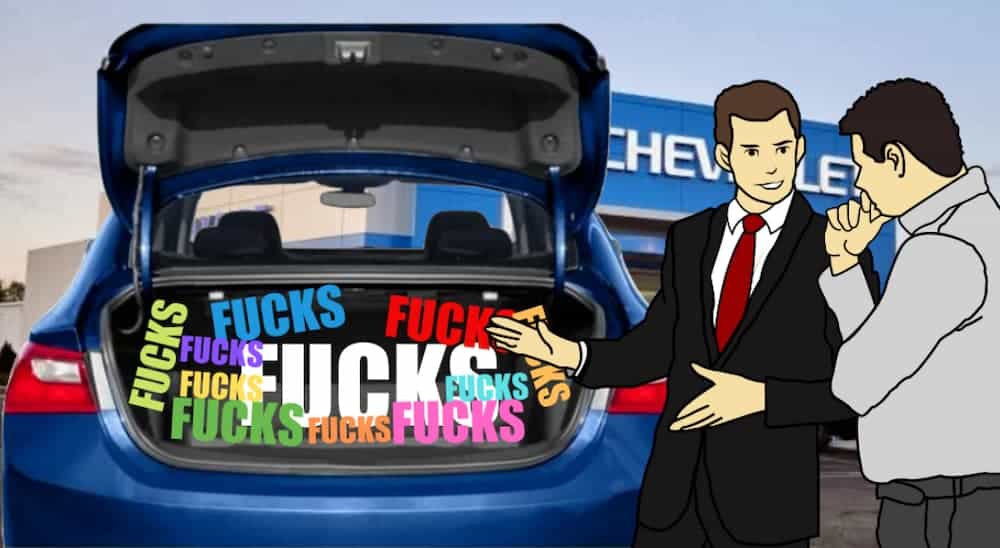 A cartoon salesman and buyer are looking at a 2020 Chevy Malibu with a trunk full of f*cks.