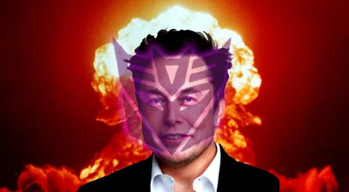 Elon Musk, who is popular in live auto news, is shown with a Decepticon mask and an explosion.