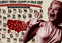 A vintage looking woman is scared in front of a map with the scariest urban legends by state.